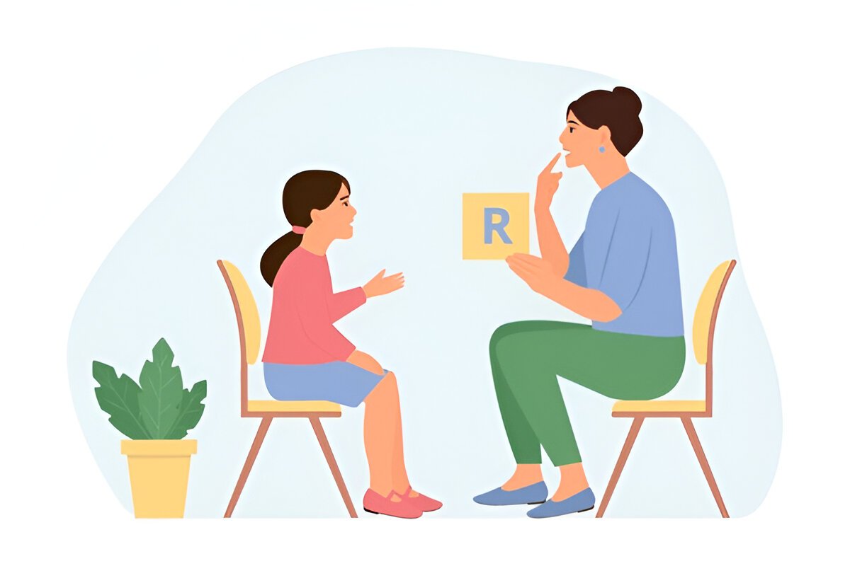 ilustração terapia da fala. terapeuta com letra R